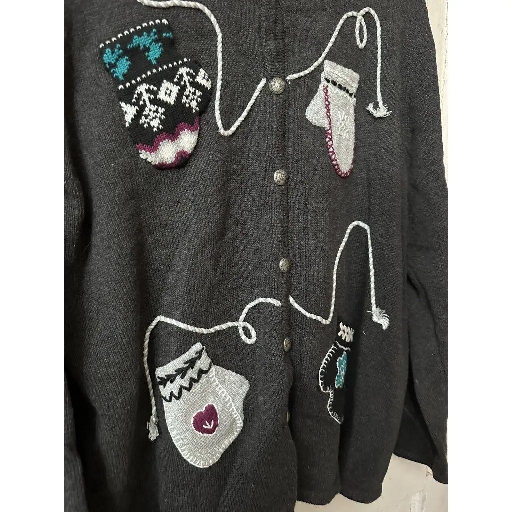 TOG SHOP Mitten Cardigan SWEATER Sz XL Embroidered Appliques Gray - Image 6