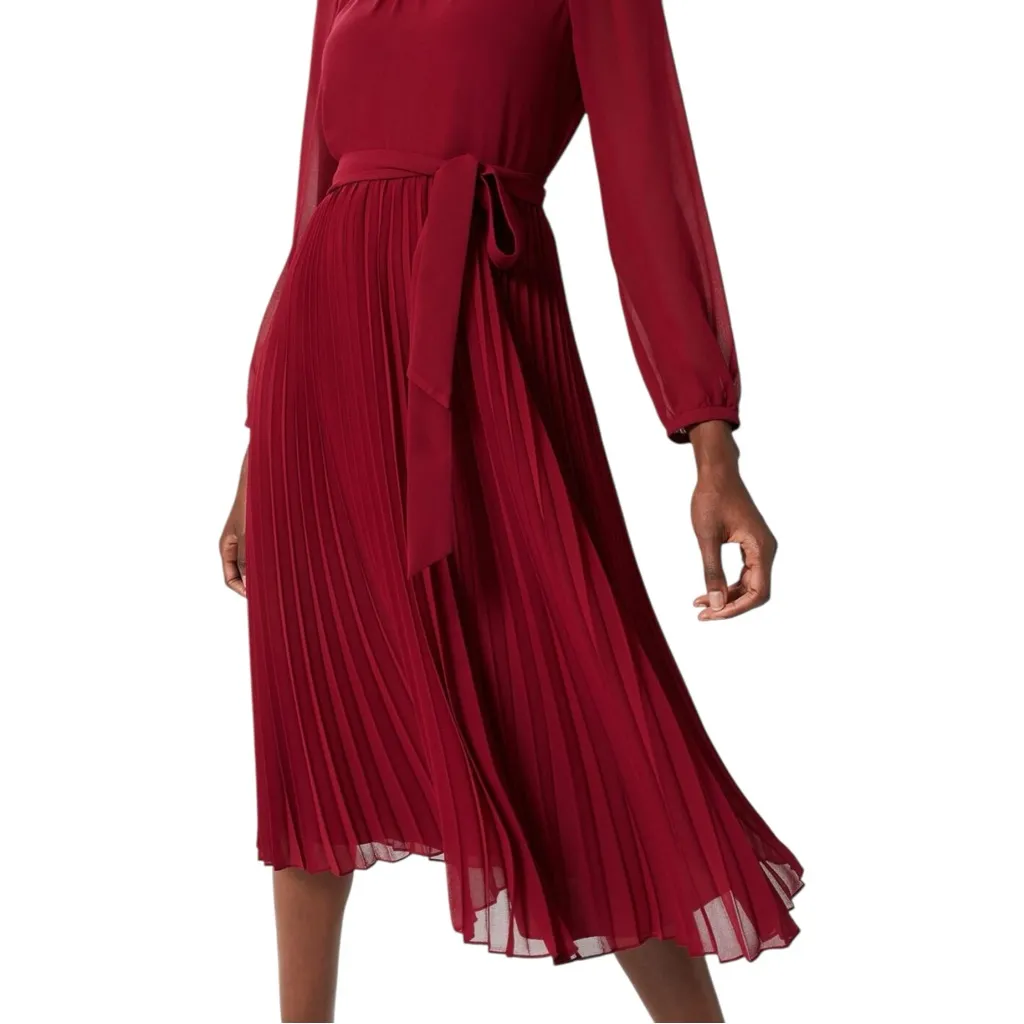 Hobbs London Paulina Pleated Dress Burgundy Red Accordion Fit & Flare Size 14 - Image 2
