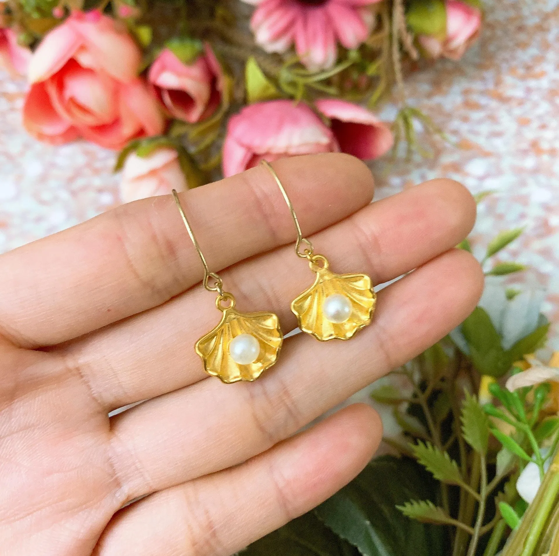 Handmade Golden Pearl On Shell Earrings Gold - Image 2