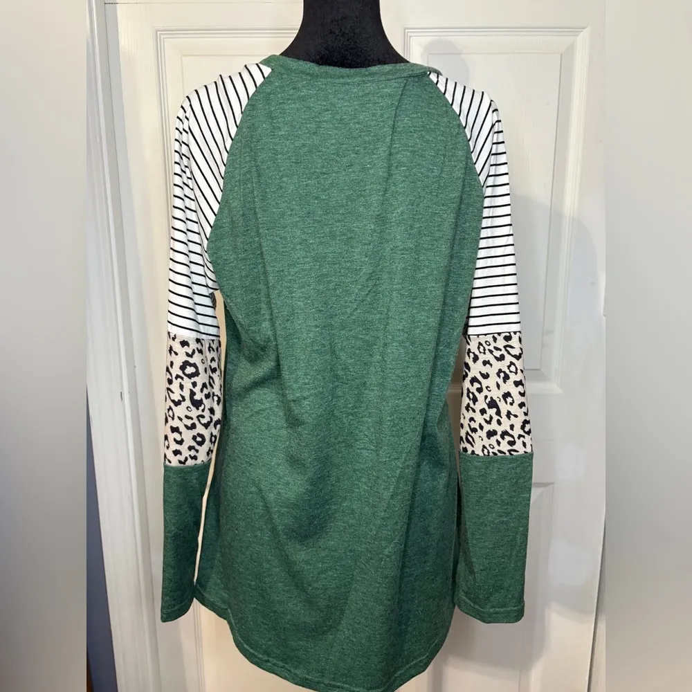 Green Striped and Leopard Sleeve Women's Top - Image 3