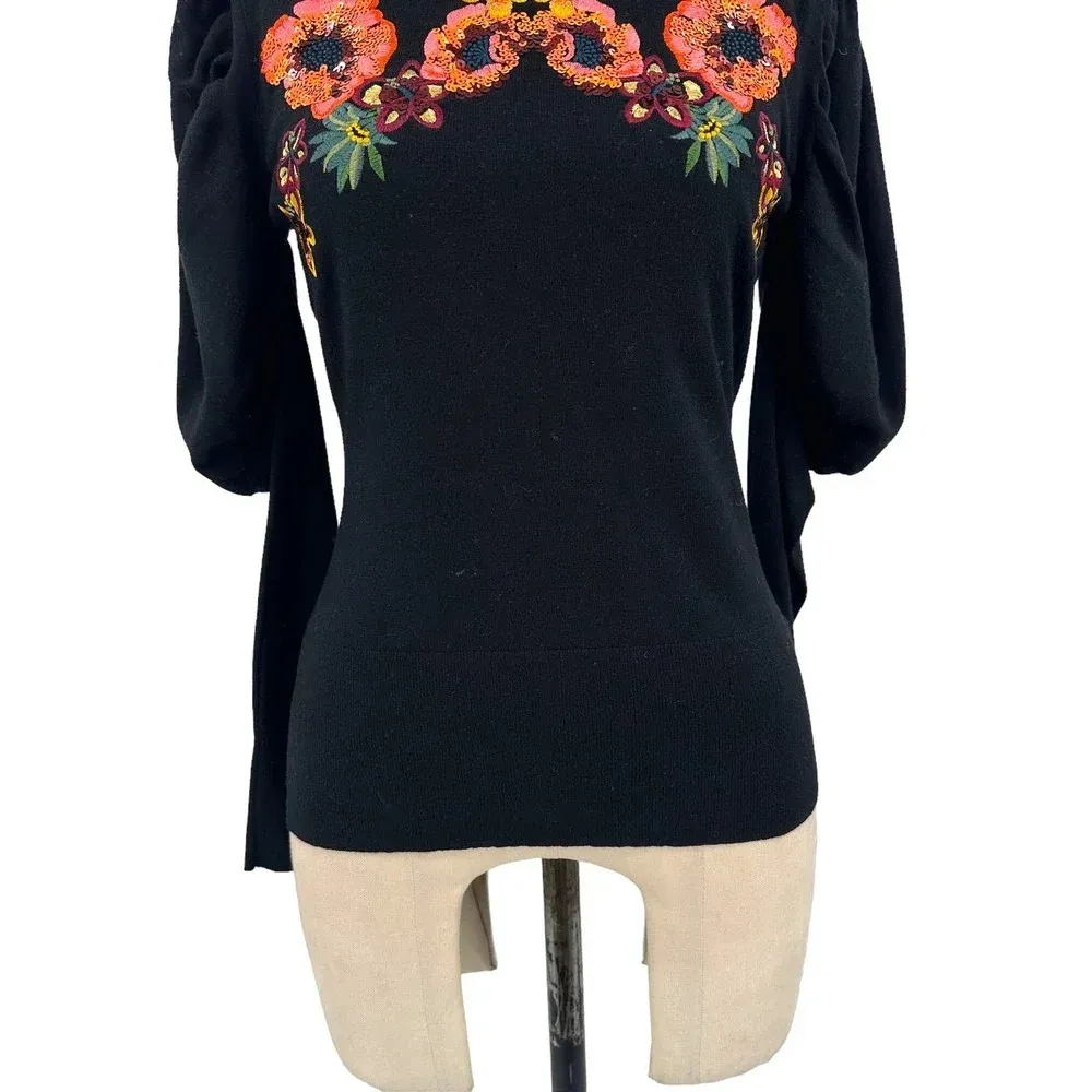 Karen‎ Millen Embellished Puff-Sleeve Sweater Black Floral Size Medium - Image 5