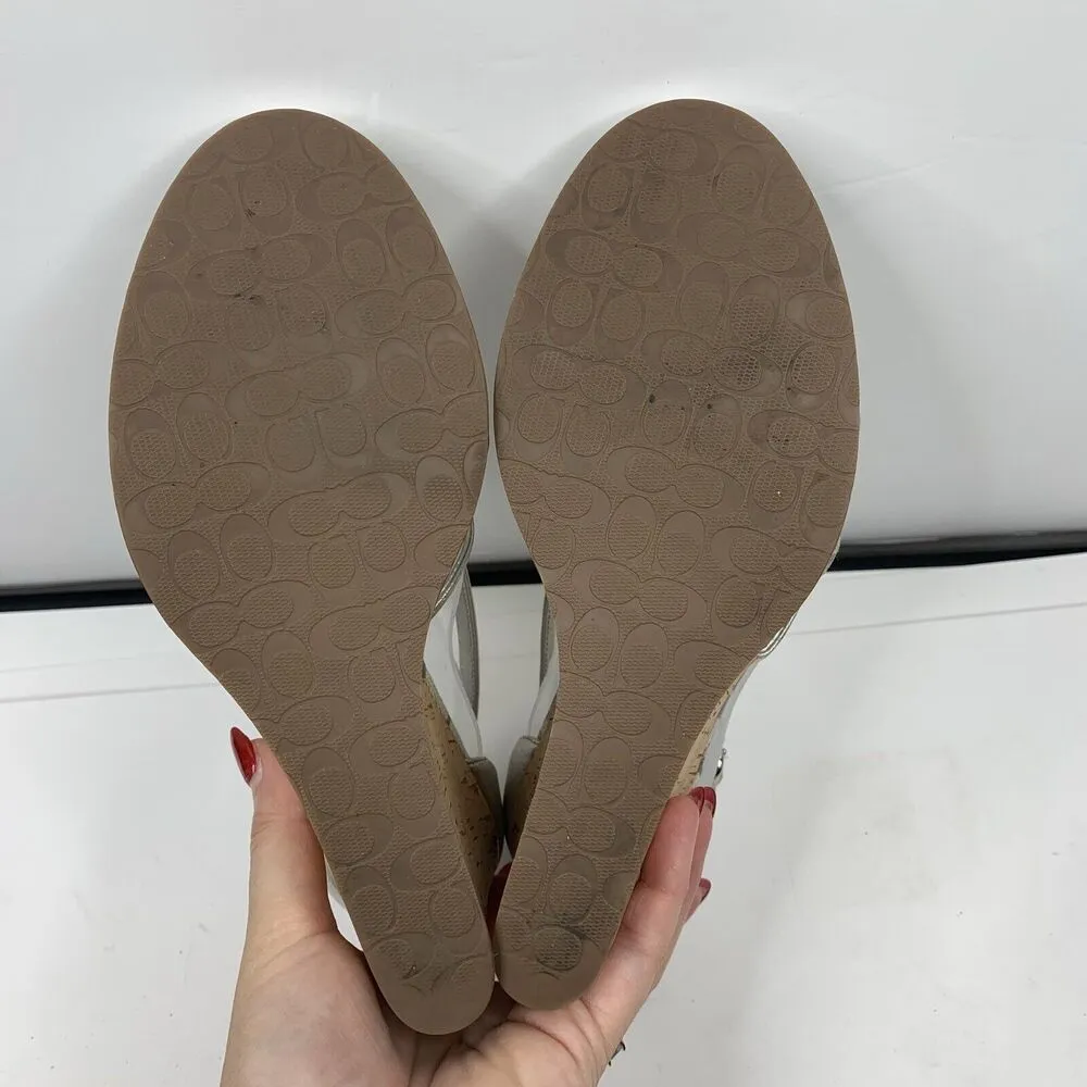 Coach Sz 8.5 Wedge Silver Joslin Strappy Cork Heel Leather Sandals Shoes Women’s - Image 9