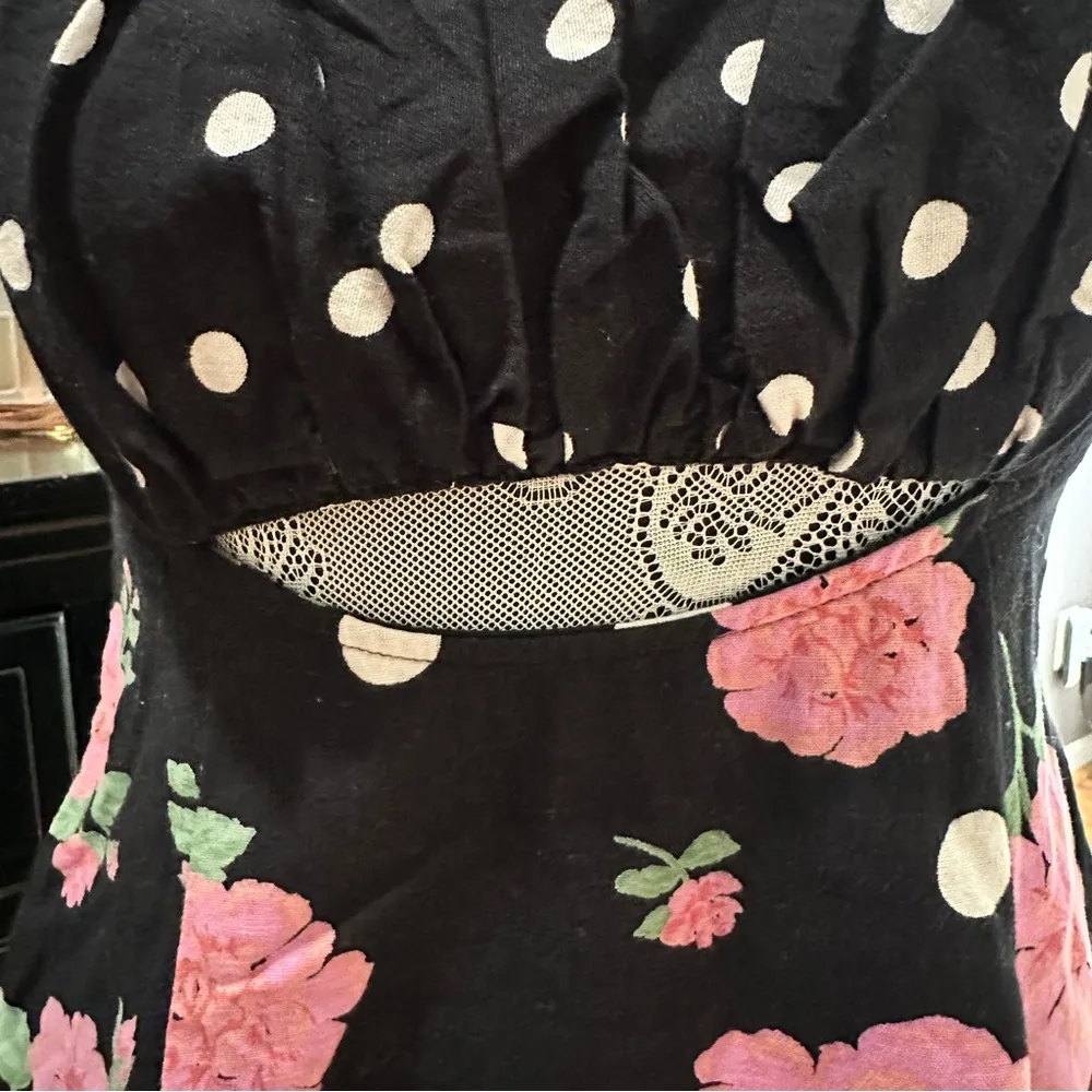 Free People Bom Bom Mini Dress | Black Floral Polka Dot Cutout Back | Size Small - Image 11