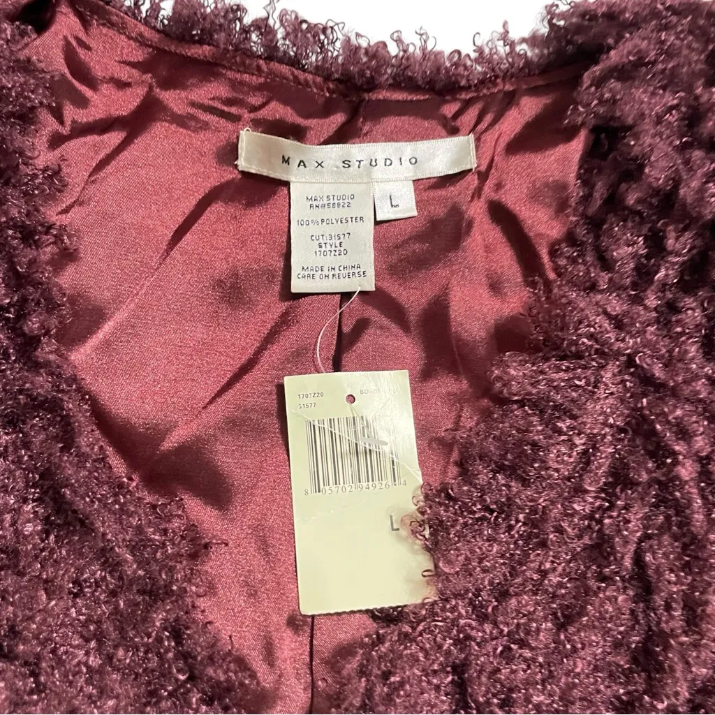 Max Studio Bordeaux Textured Faux Fur Tie Front Jacket Size L - Image 9