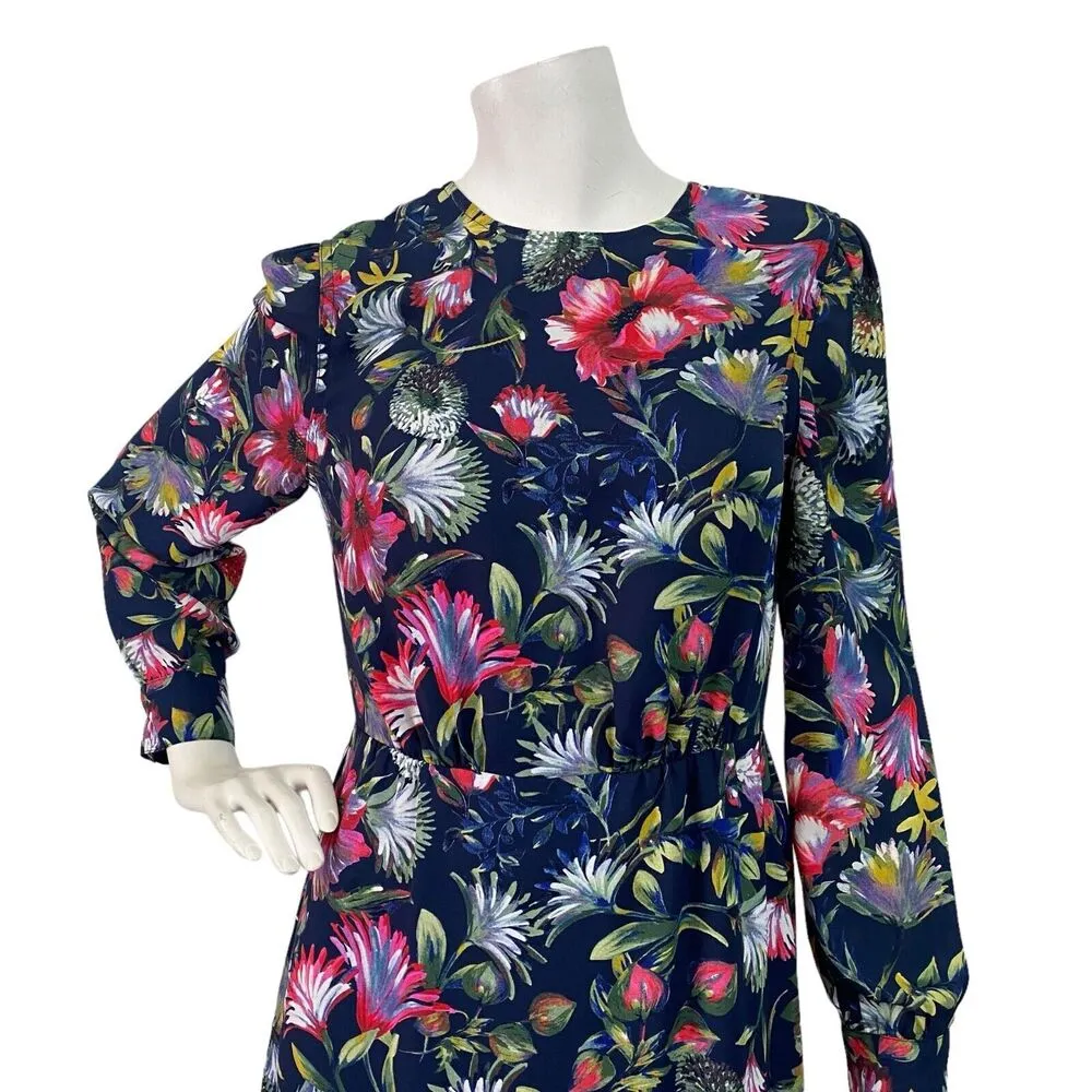 J. Crew Navy Blue Floral Print Flouncy Hem Long Sleeve Crew Neck Dress 2 - Image 6