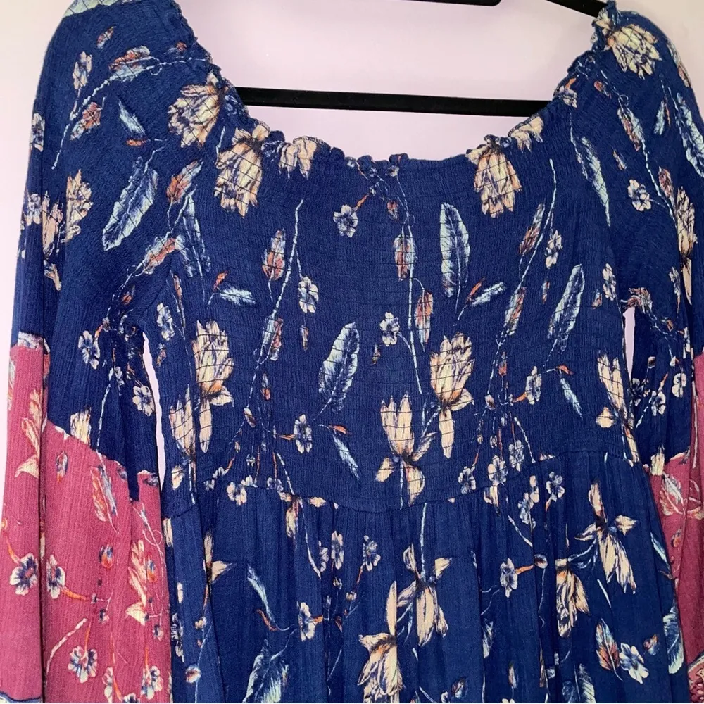 J Gee Sundress XL Midi Smocked Boho Print Bell Sleeves Blue Purple - Image 7