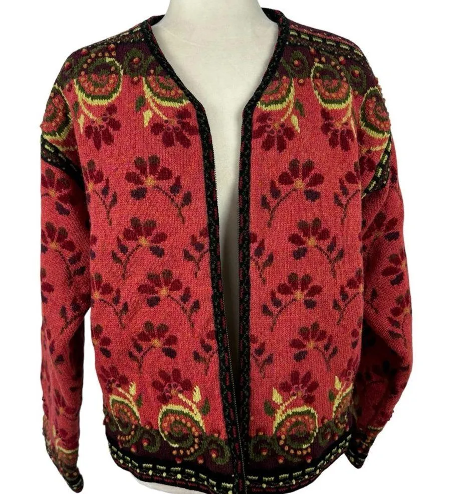 Icelandic Design Full Zip Jacket Wool 3D Knit Textured Floral Vintage Lined L Size L - Image 2