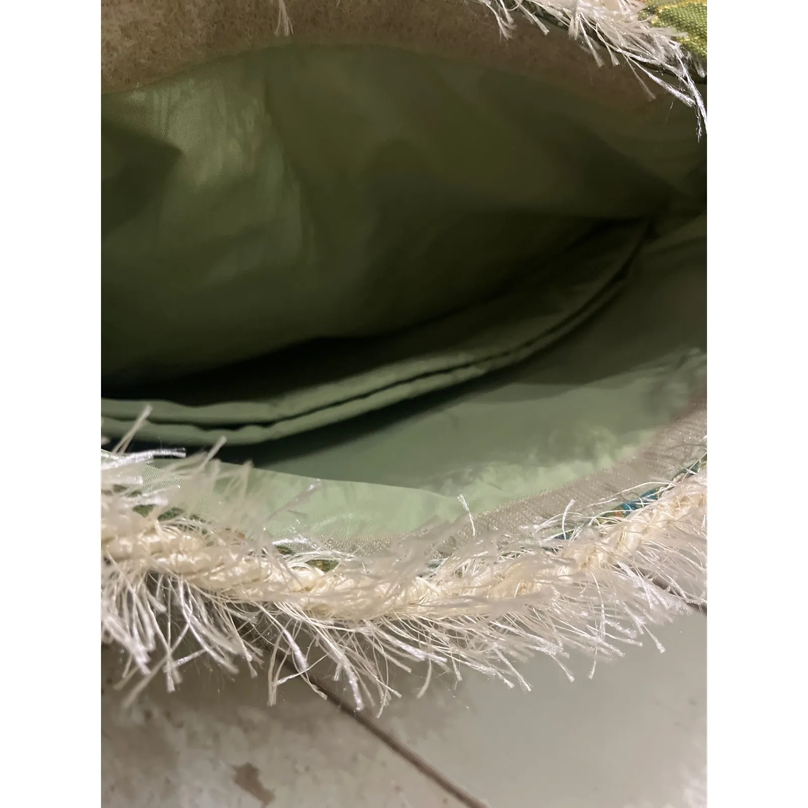 Handmade Paisley Preppy Glam Handbag 12x13 Olive Handsewn Fringe - Image 8