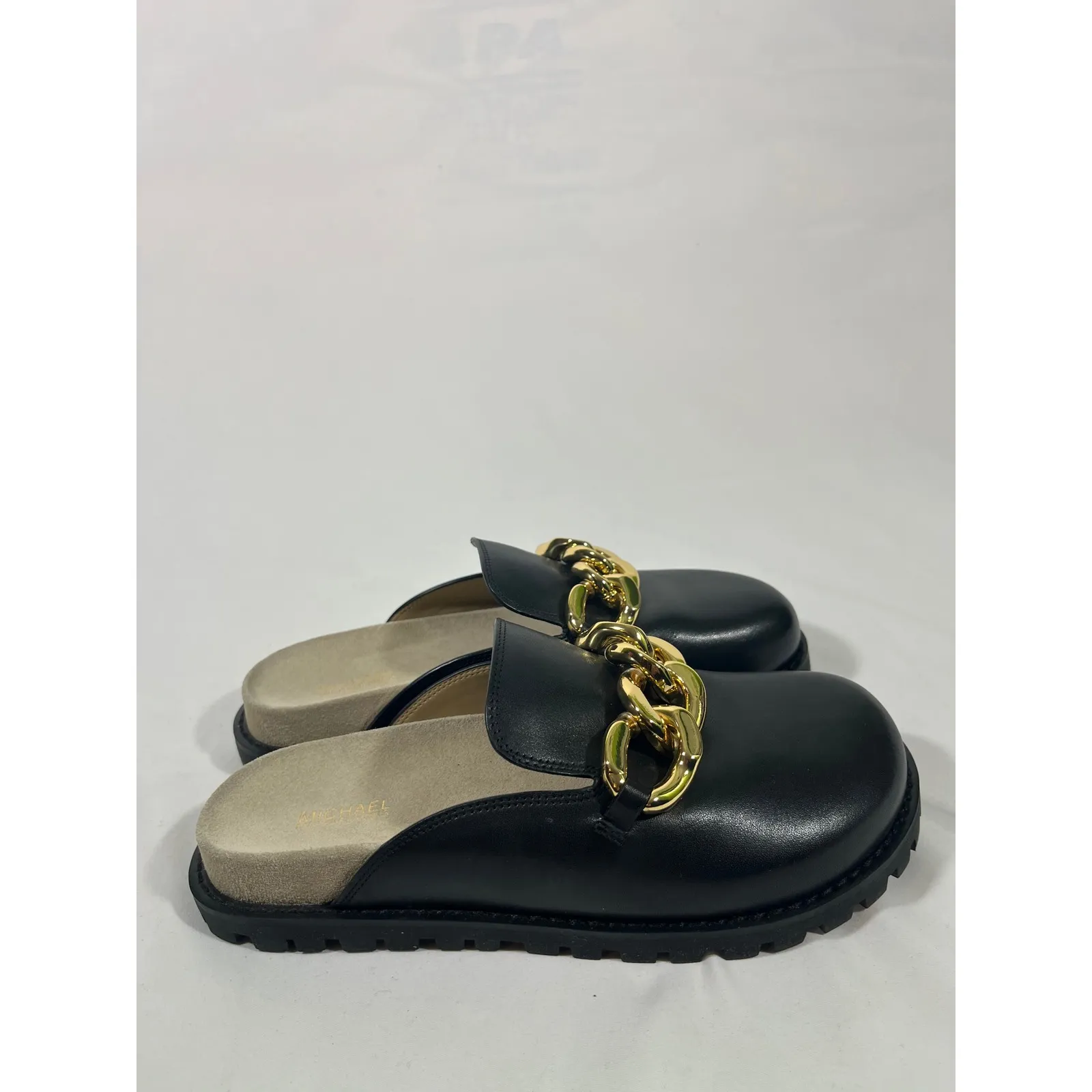 Michael Kors Black Leather Mules Gold Chain Lug Sole Womens Slip On Resort Sz 7 - Image 5