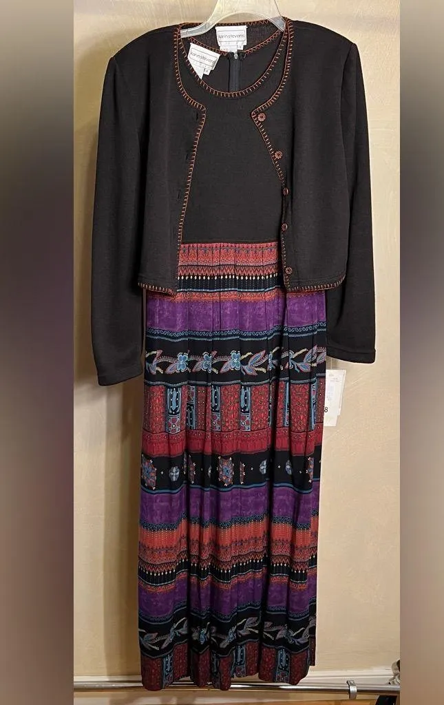 Karin Stevens Women's VTG Pleated Sleeveless Geo Ethnic Dress+Cardigan Set|Sz:8 - Image 9