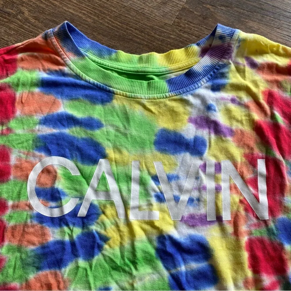Calvin Klein Shirt Rainbow Crop Top Tie Dye XS Oversized - Image 6