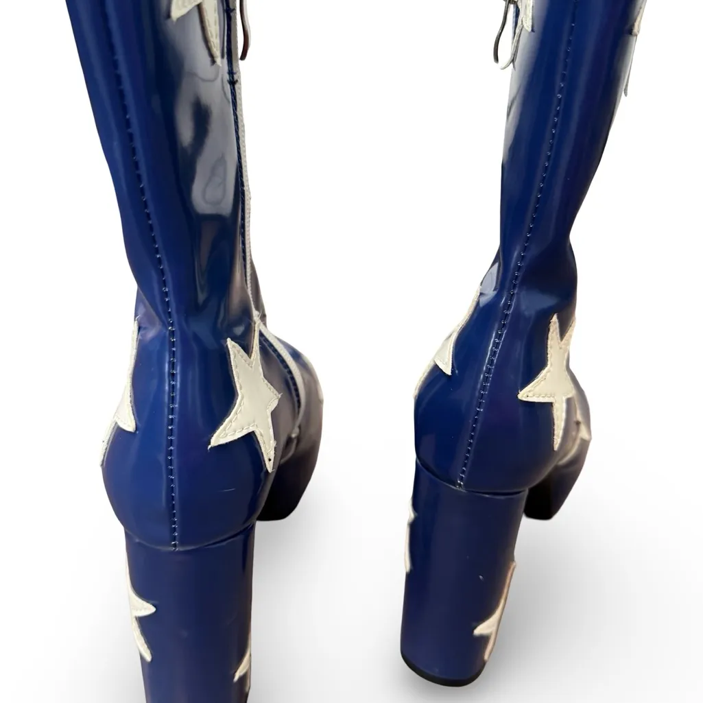 Blue platform ankle boots with white stars wonderwoman go go women’s size 8 - Image 10