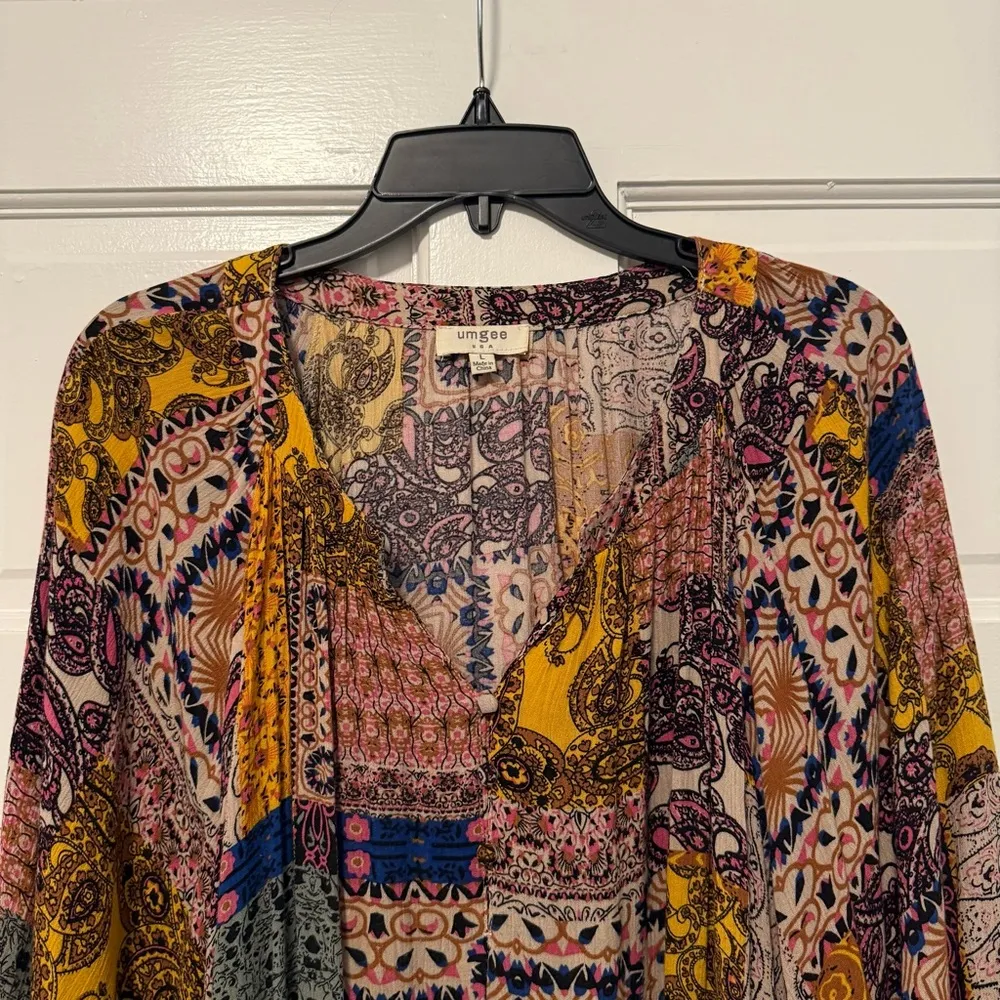 Umgee Paisley Floral Patchwork Long Sleeve Boho Midi Dress Multicolor Size Large - Image 3