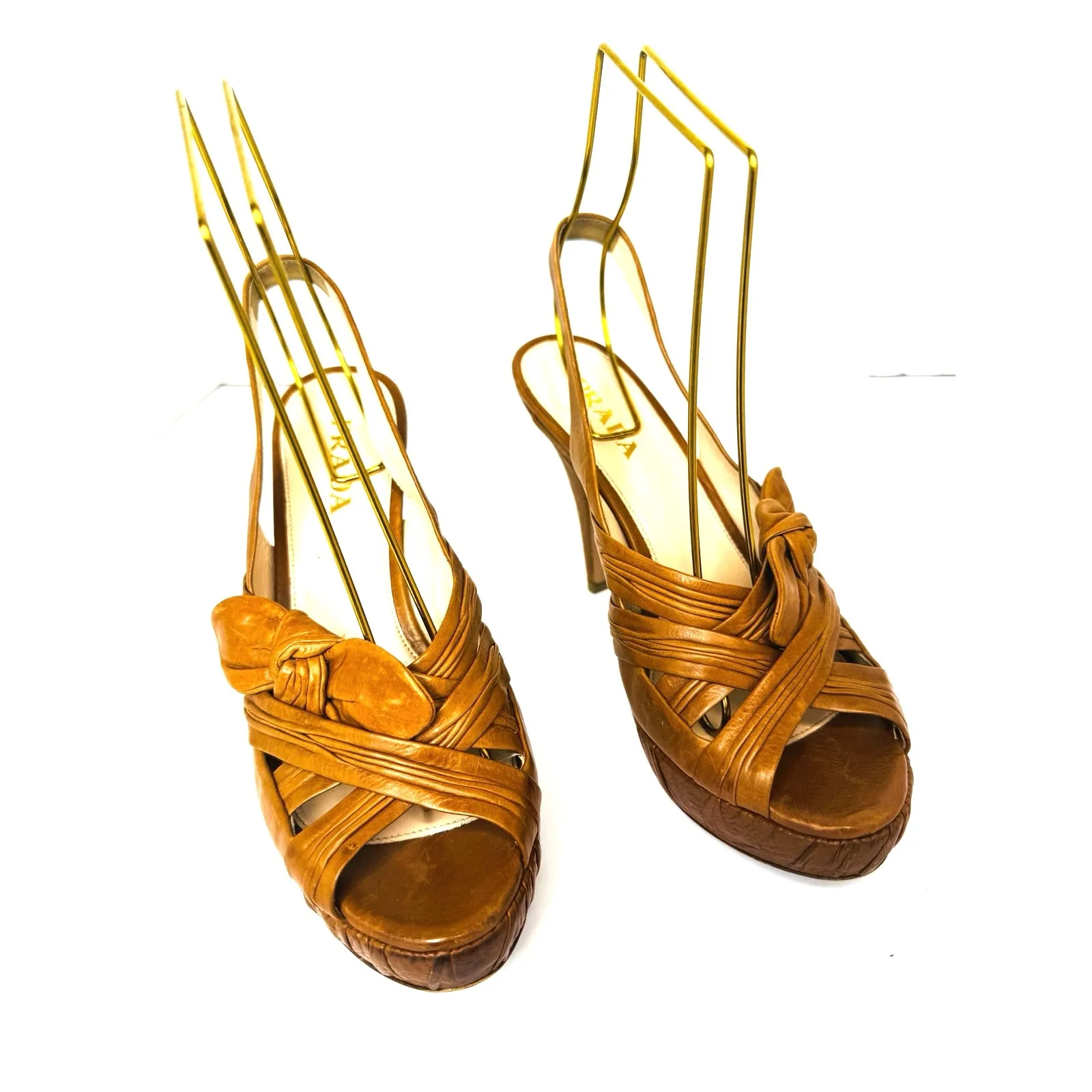 Prada Tan Leather Slingback Heels Size 36 Knotted Platform Sandals - Image 4