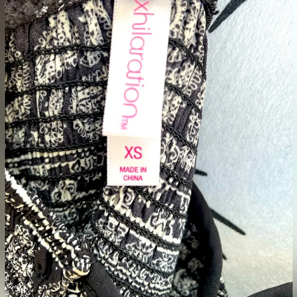 Xhilaration Dress (XS) T-Strap. Crochet T. Black w/White Geo Print. Elastic Top - Image 7