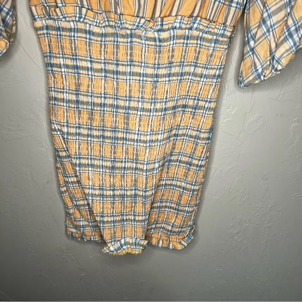 Mable Southern Peach Plaid Deep V Neck Smocked Skirt Puff Sleeve Mini Dress Orange - Image 11