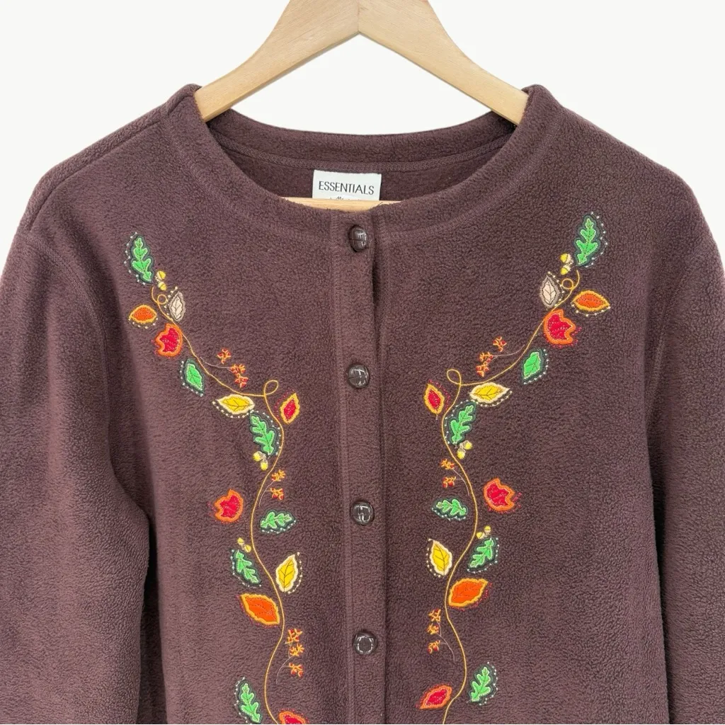Vintage 90s Essentials by Maggie Embroidered Fleece Cardigan | Sz Large | Brown - Image 4