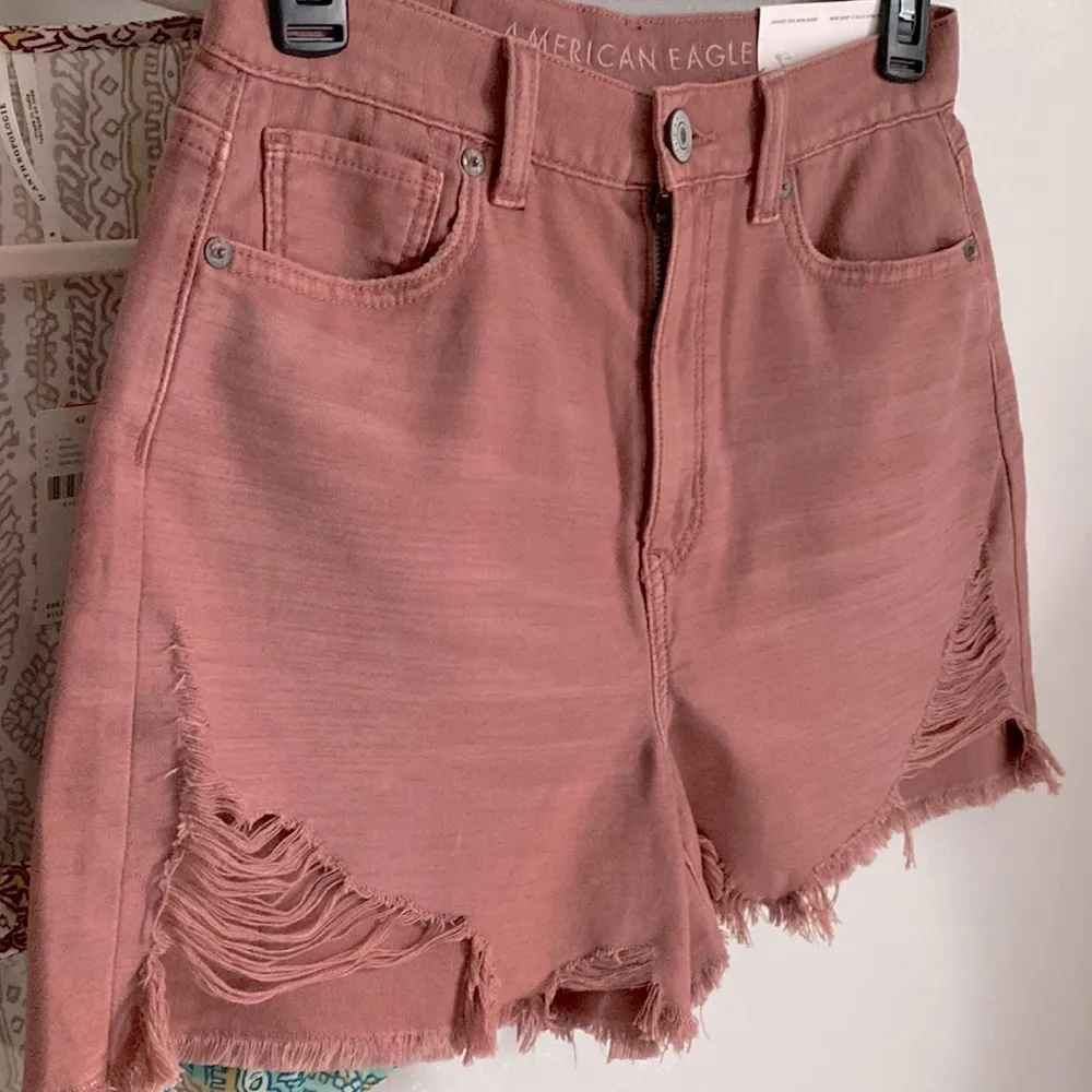 New American Eagle Highest Rise Distressed Raw Hem Mom Denim Cotton Jean Shorts - Image 2