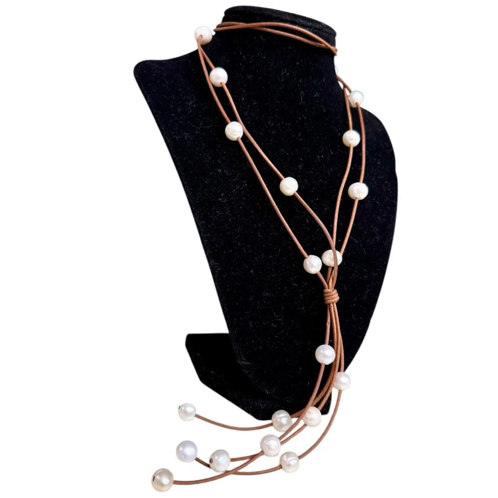 Natural Freshwater Pearl Necklace, Long Lariat Style, Jumbo Pearl Leather Cord White - Image 2