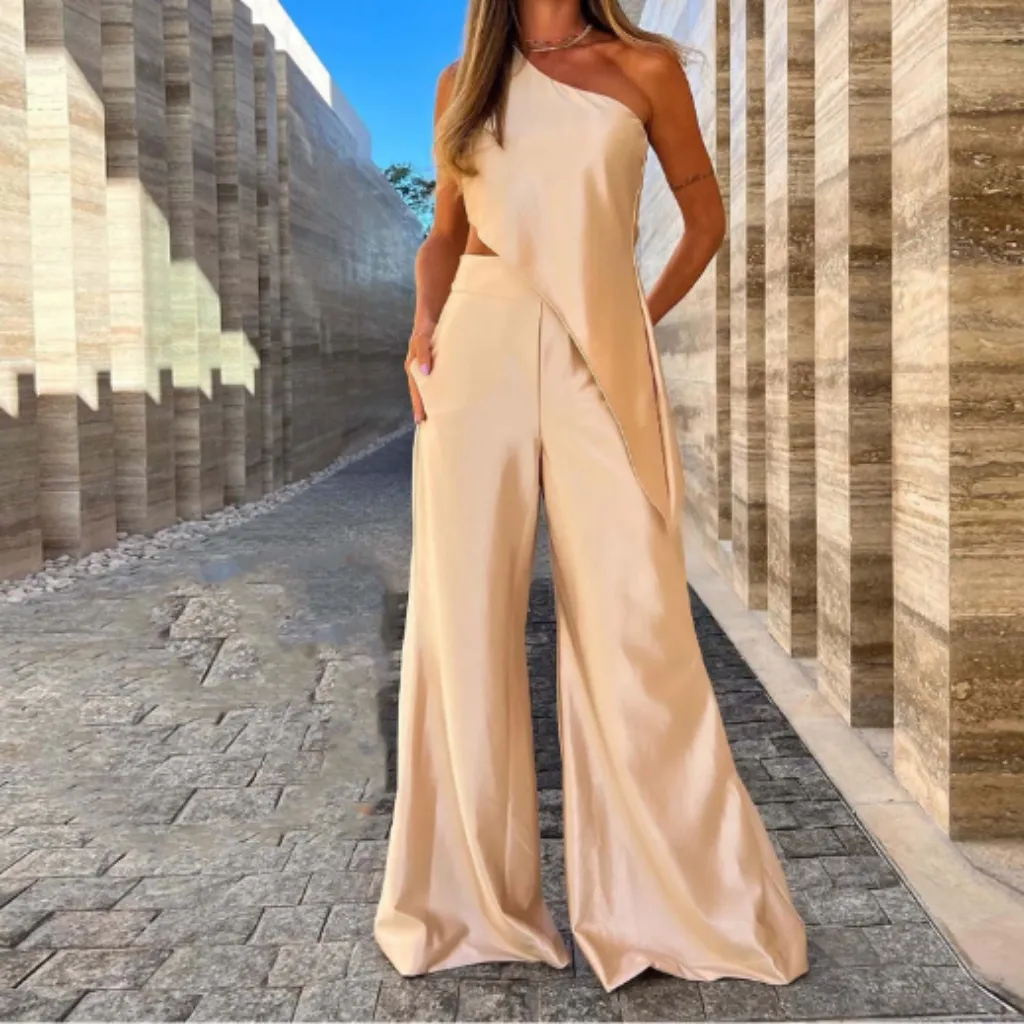 Women One Shoulder Hi Lo Cropped Satin Wide Leg Set in beige sz xl - Image 5