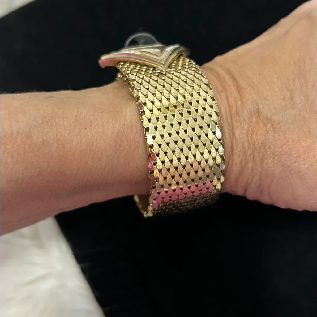 Vintage Gold Tone Mesh Cuff Bracelet Black Stone/Rhinestones - Image 2