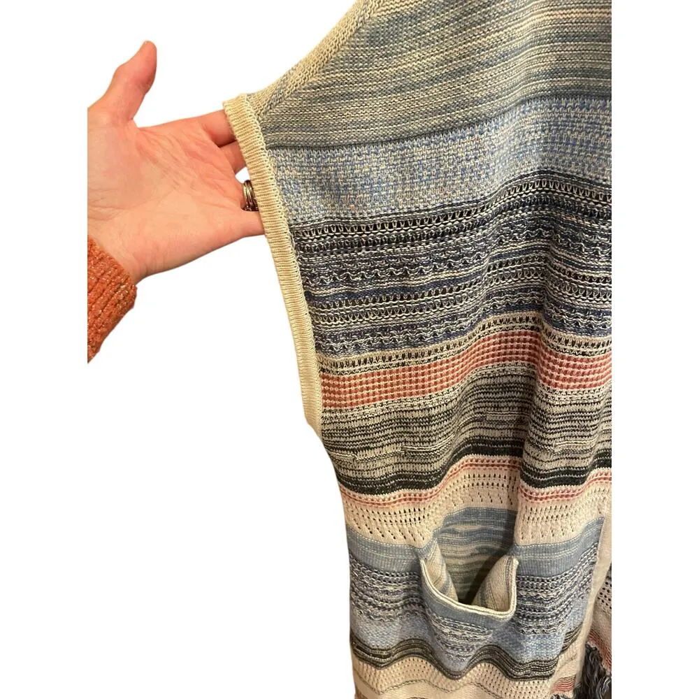 Liverpool Sleeveless Cardigan Sweater w/ Fringe Blue & Multi Color Medium, Large - Image 10