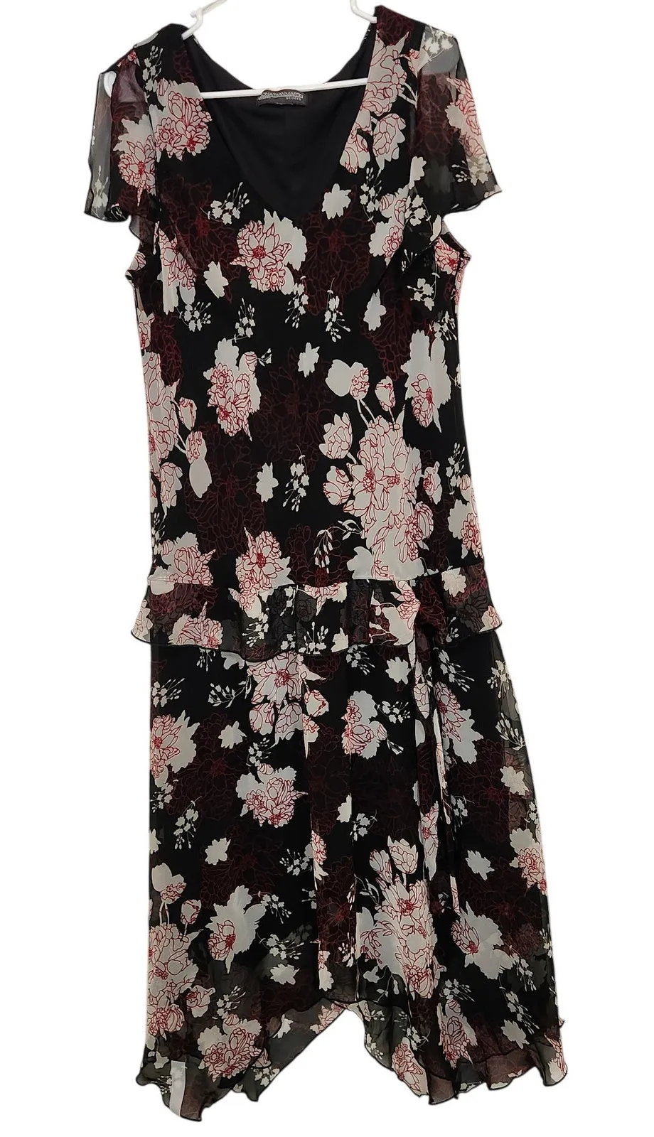 Jonathan Martin Black Floral Ruffled Layered Flutter Sleeve Midi Dress Y2K Large - Image 1