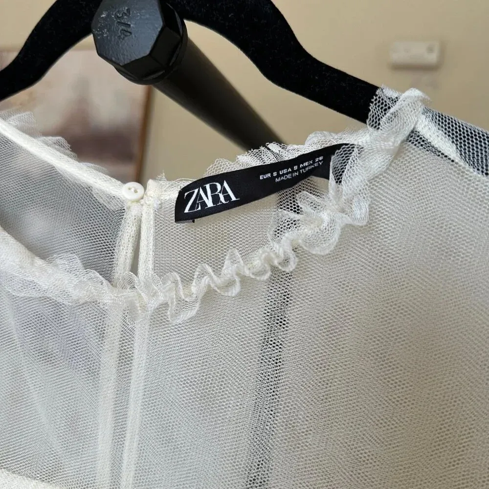 Zara ruffled tulle dress midi size sheer cream polka dot‎ S - Image 10