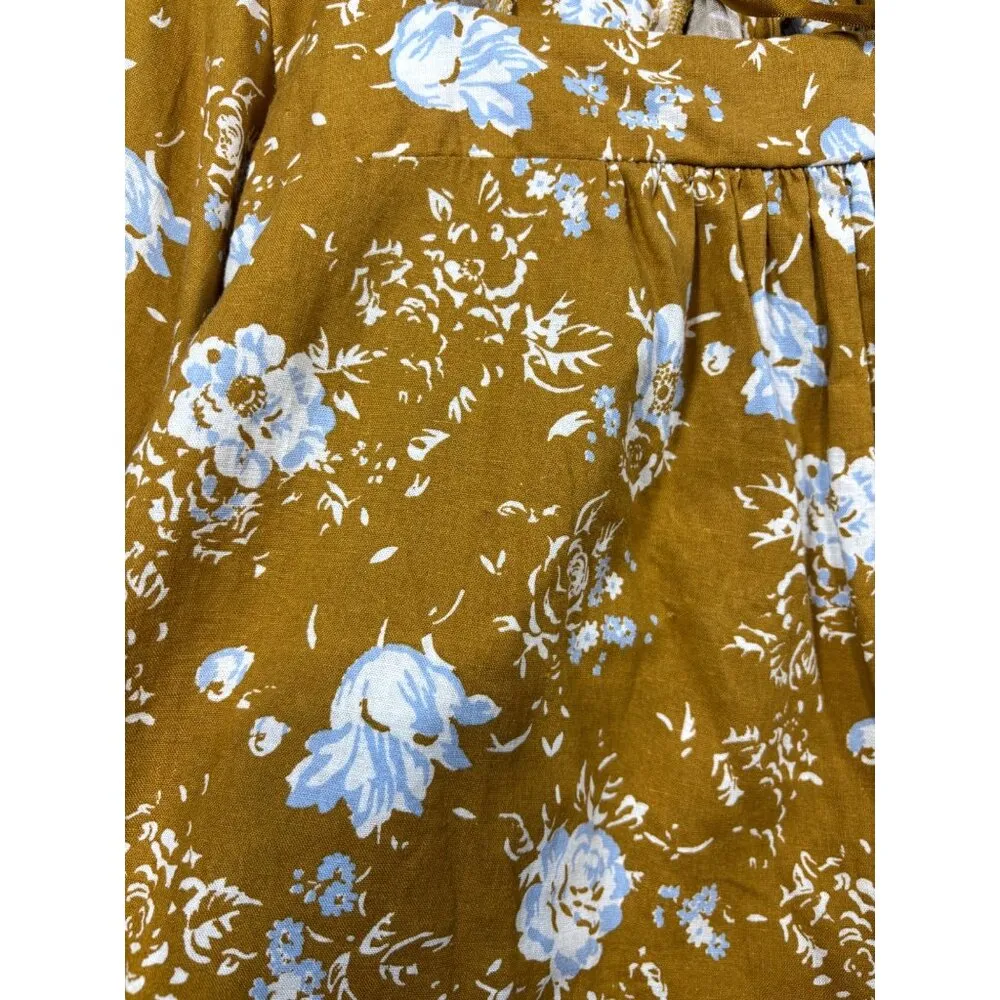 Free People Mustard Floral Long Sleeve Blouse Balloon Sleeves Back Tie Linen L - Image 2