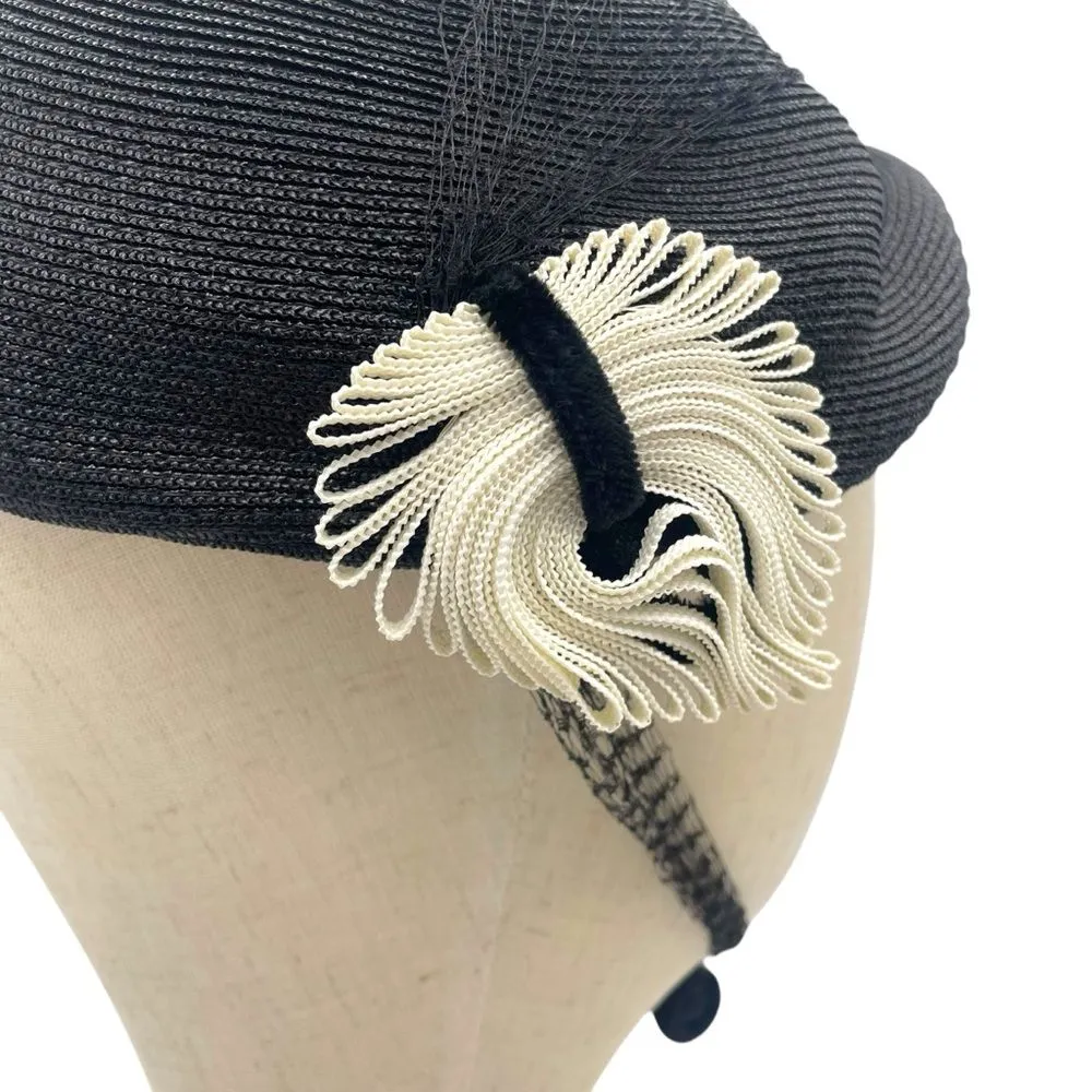 Vintage 50s Tilt Hat Black & Cream Straw Close Style Fascinator Black Mesh Veil - Image 3