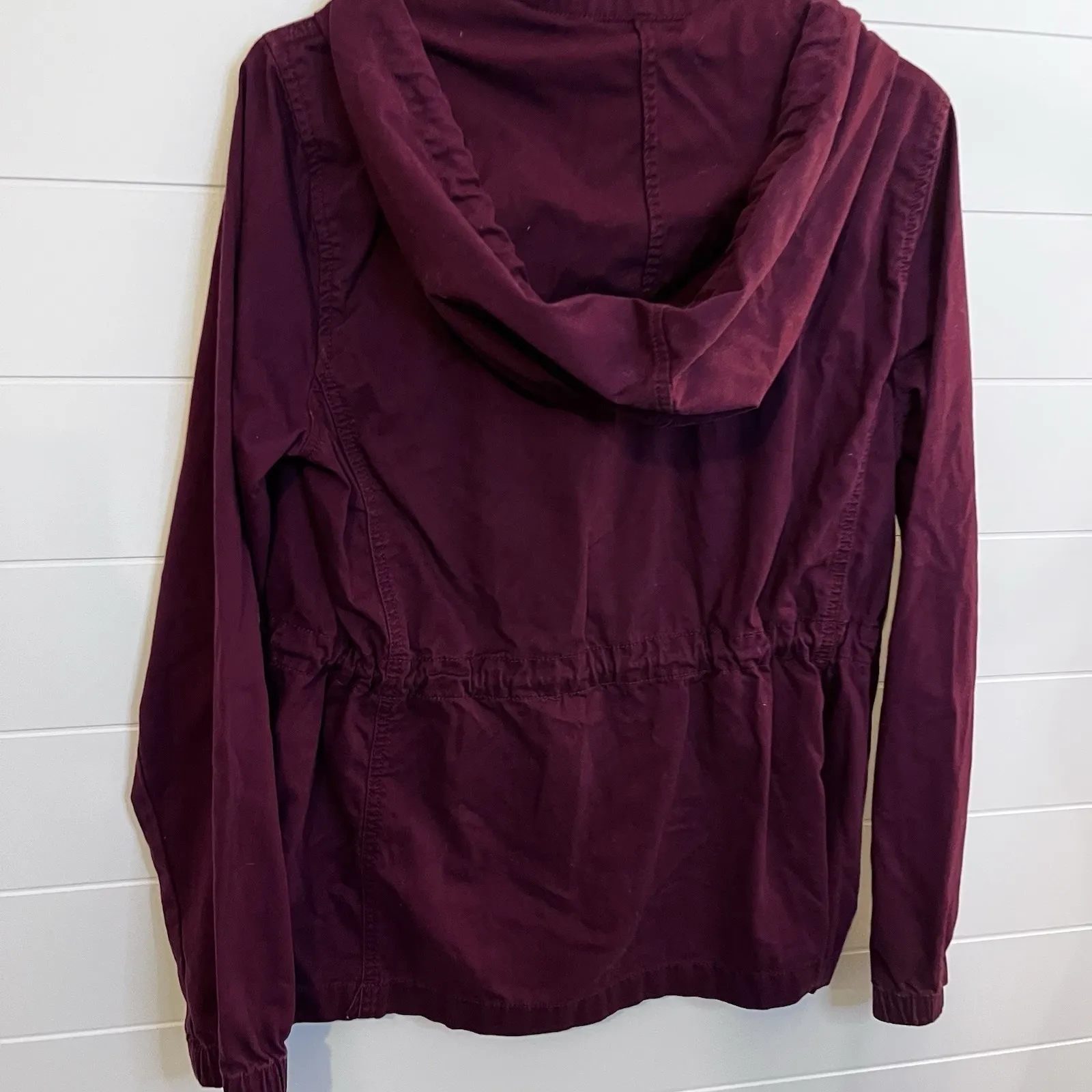 Loft Maroon Cotton Blend Hooded Utility Jacket Size Medium Pockets Neutral - Image 11