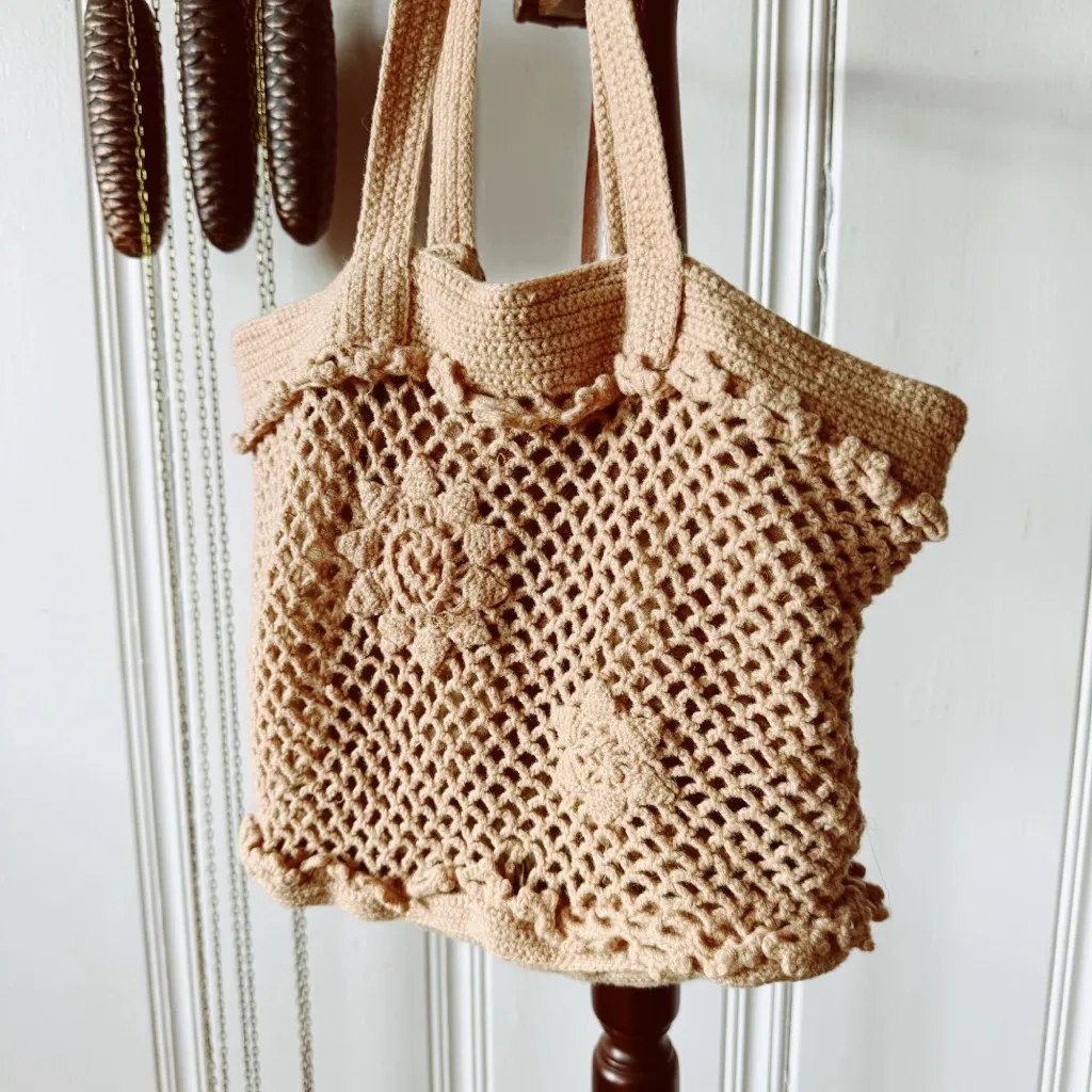Handmade Crochet Knit Boho Handbag Purse Tan - Image 2