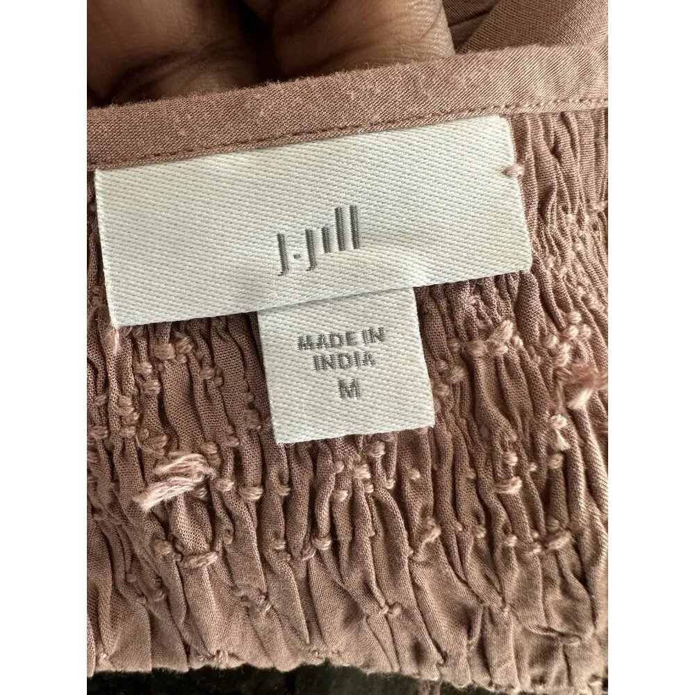 J Jill Clay Brown Smocked Split Neck Viscose Peasant Balloon Sleeve Shirt Top M - Image 6