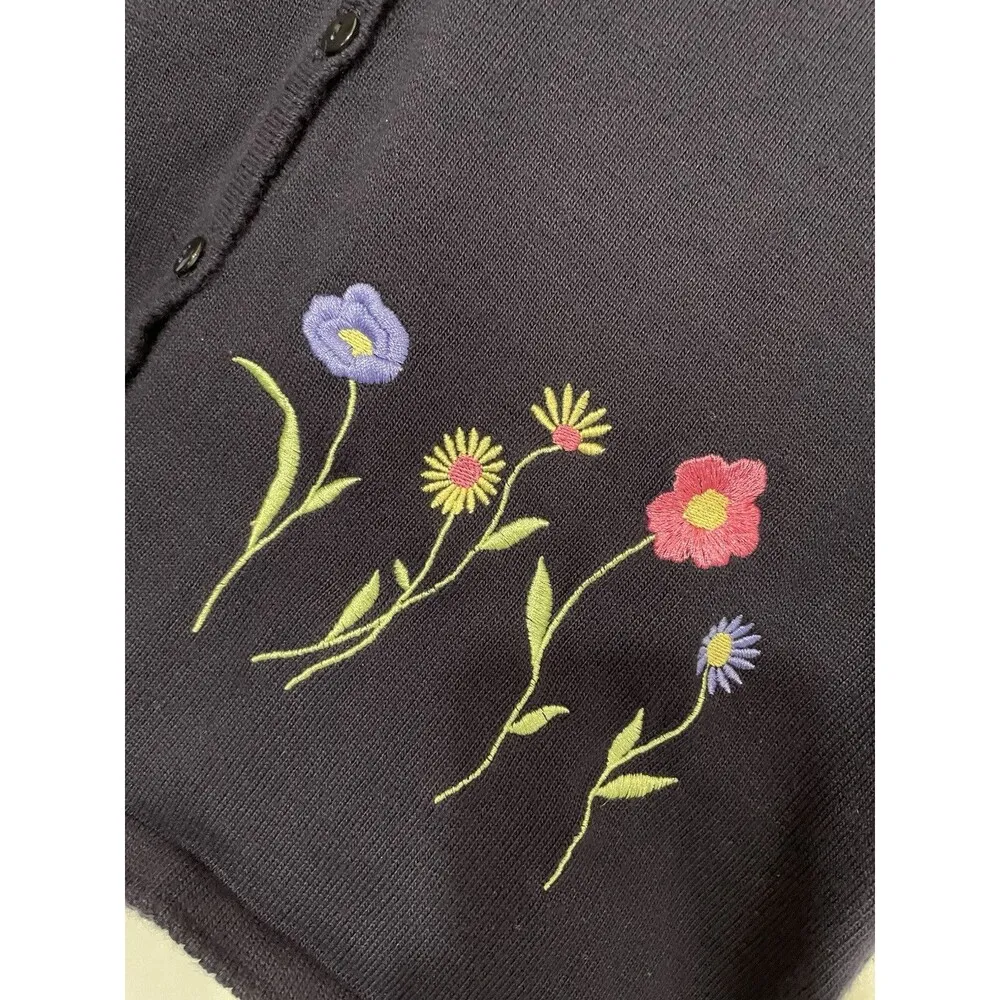 VTG Kathie Lee Cardigan Womens 12/14 Navy Embroidery Floral Cottage Sweater Blue Size L - Image 2