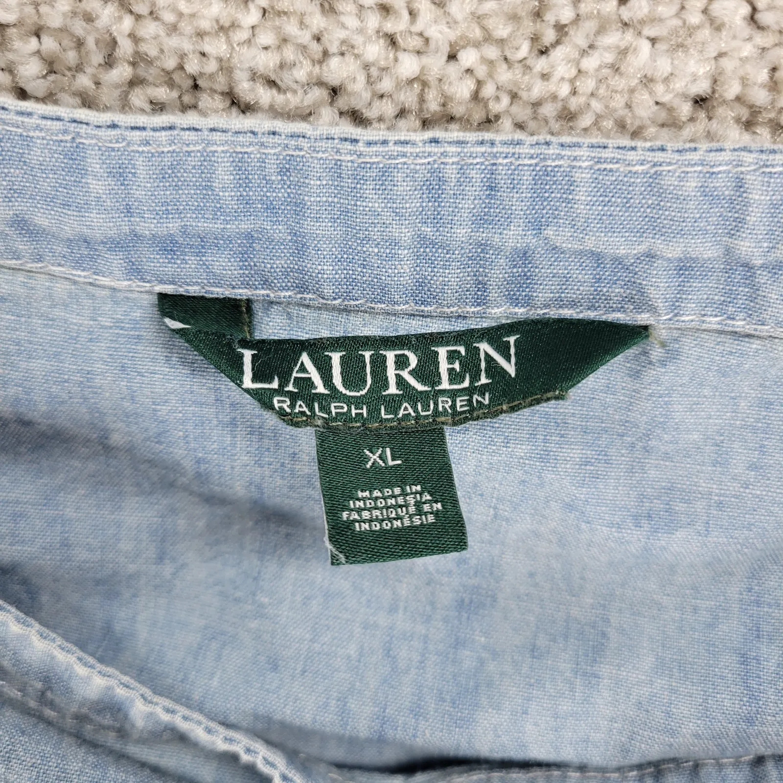 Lauren Ralph Lauren Chambray Off Shoulder Top‎ Womens XL Blue Denim Bell Sleeve - Image 2