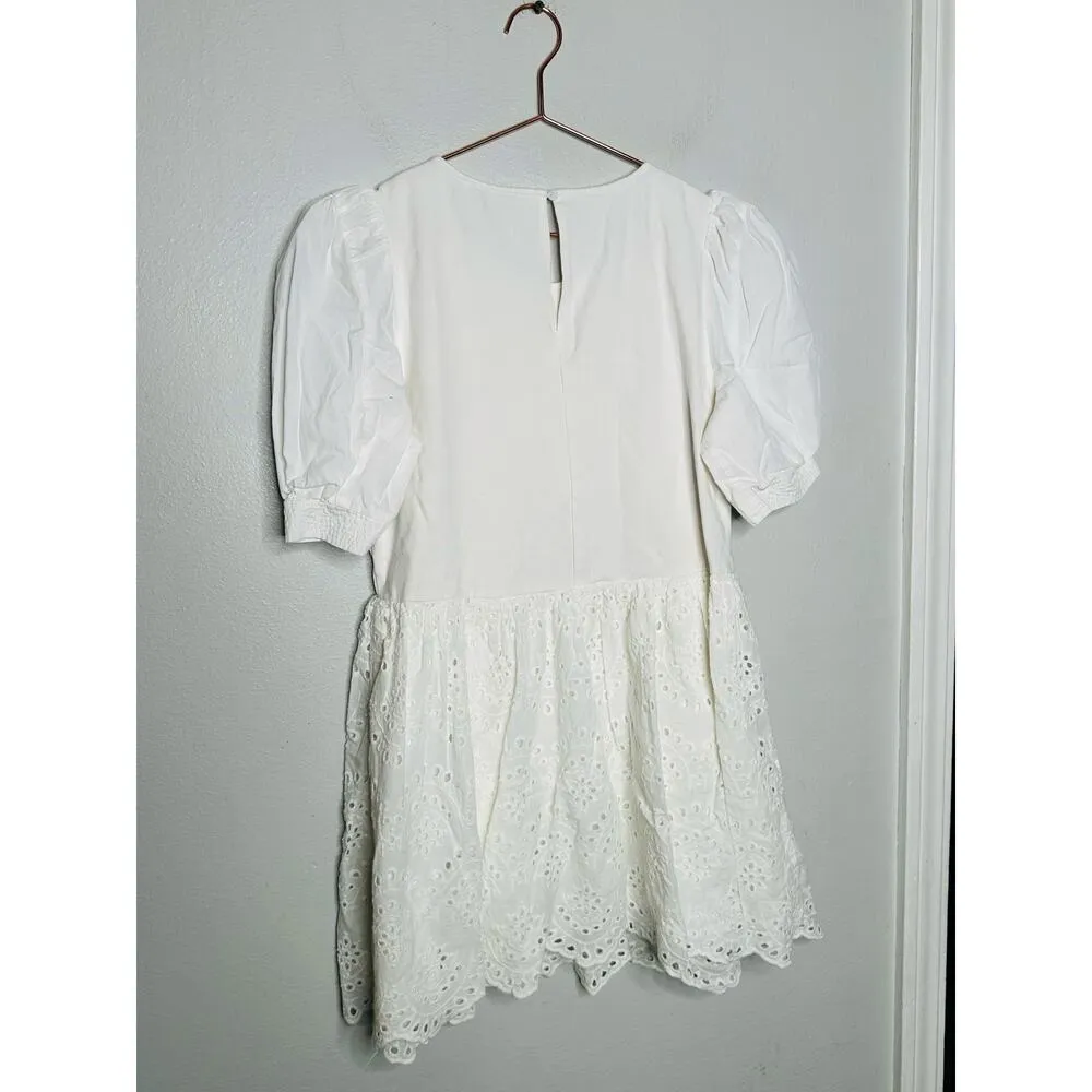 PETER SOM x RTR White 100% Cotton Puff Sleeves Eyelet Embroidered Dress Size 6 - Image 5