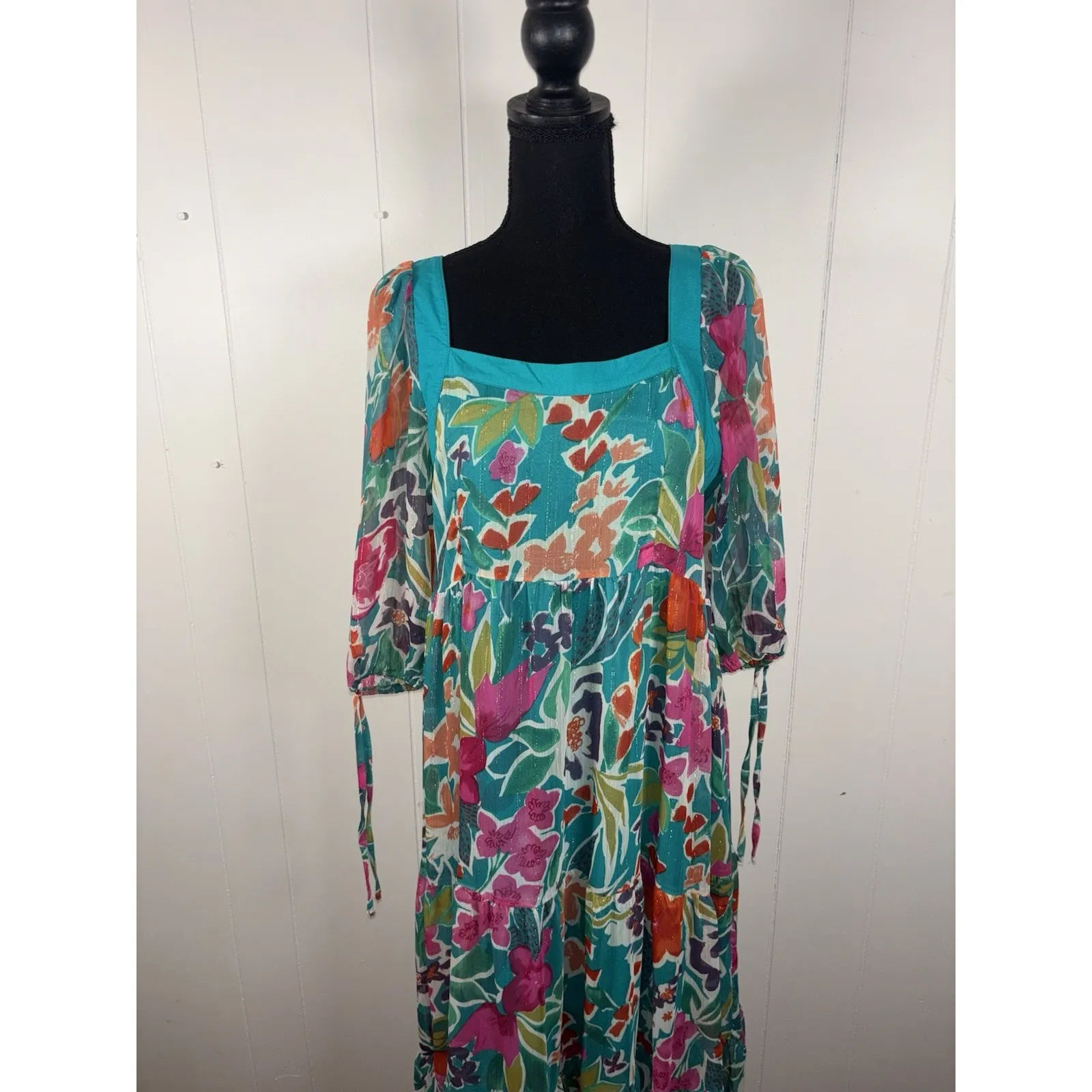 umgee usa floral tiered maxi dress sheer sleeves oversized fit small - Image 2