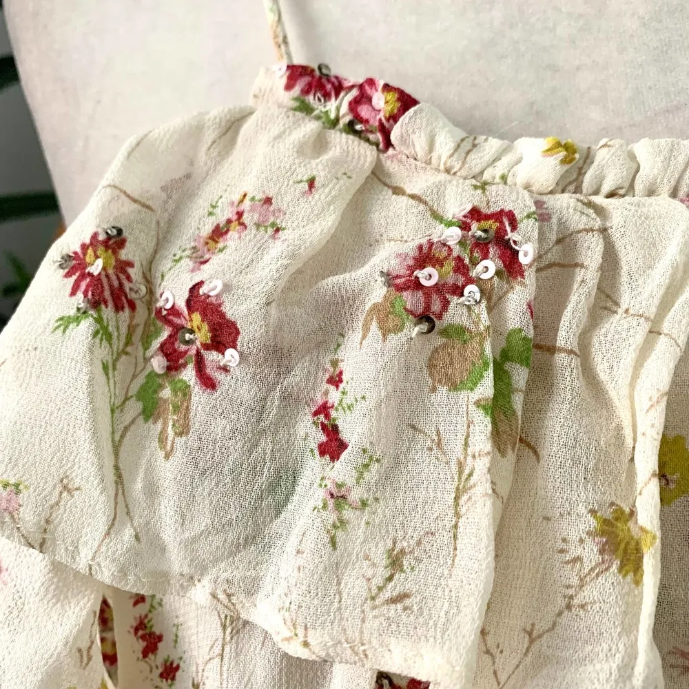 Zara Floral Sequin Ruffle Midi Halterneck Midi Dress in Ecru - Image 9