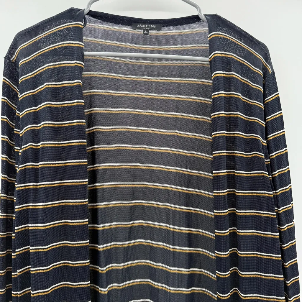 Lafayette 148 Silk Blend Long Sleeve Navy Blue Striped Mid‎ Length Cardigan Sz L Size L - Image 5