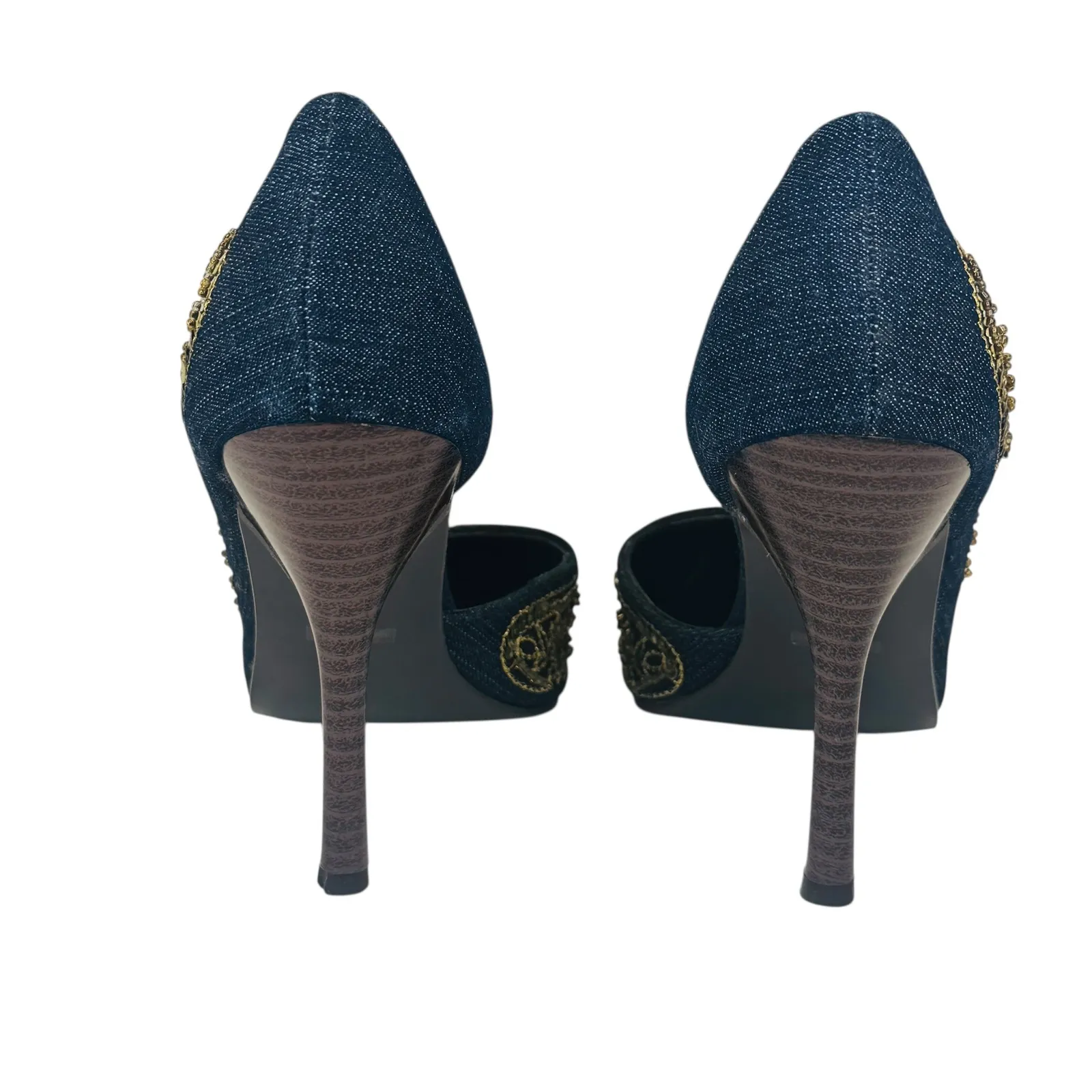 Anne Michelle FUEL57 Embroidered Denim Gold Beaded Heels Womens 6 Vtg Glam Pumps - Image 7
