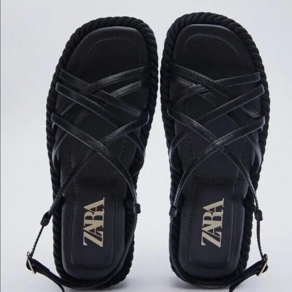 NWT Zara Black Leather Rope Flatform Sandals - Image 2