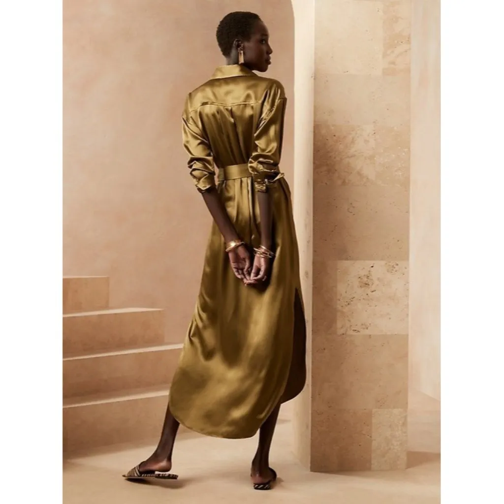 NWT Banana Republic Muse Silk Maxi in Cargo Green Belted Shirt Dress M $270 - Image 4