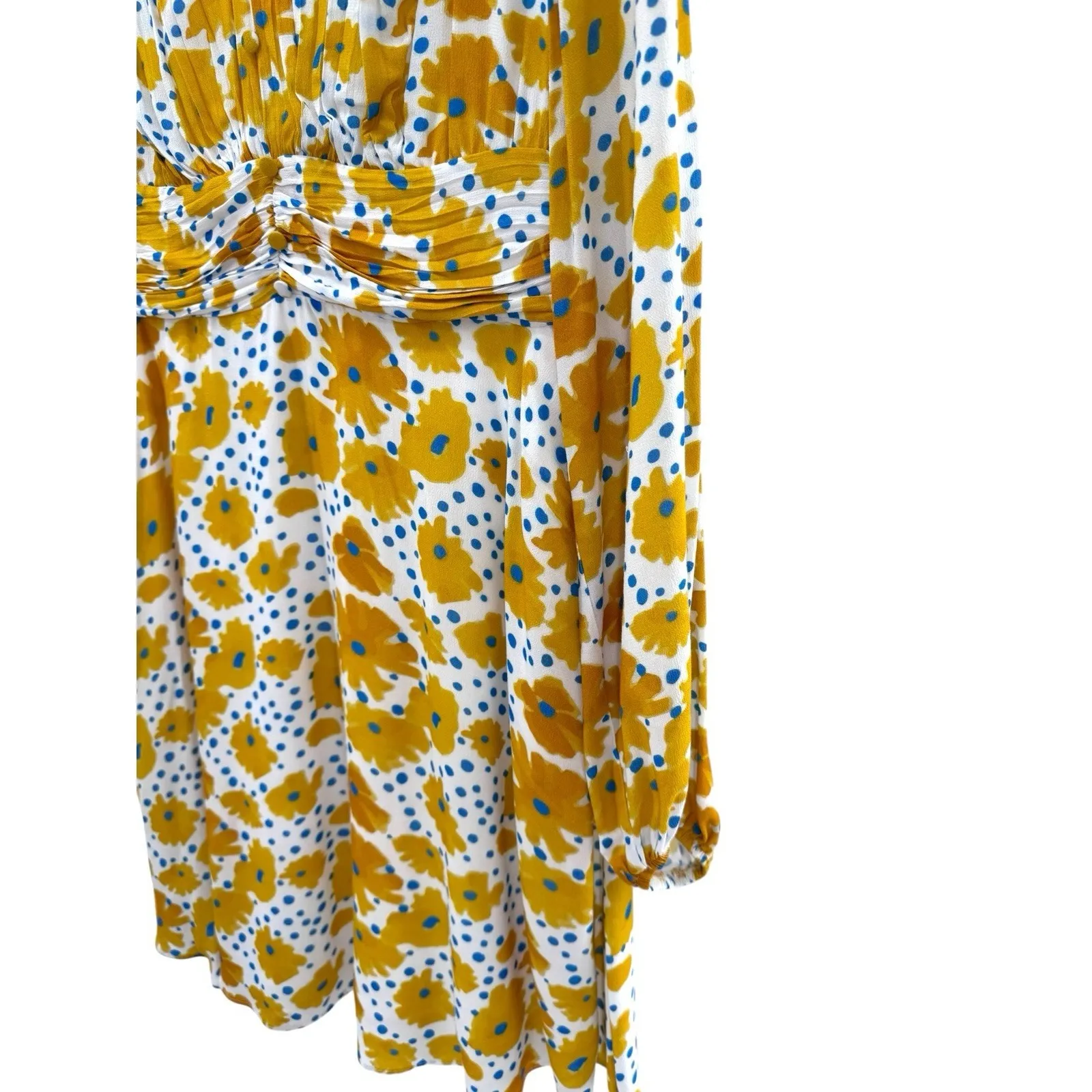 Anthropologie Vera‎ Buttercup Dress Small White Yellow Flower Print Ruched Waist - Image 7