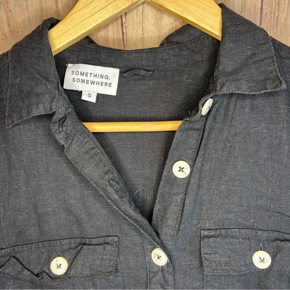 Something Somewhere Women’s 100% Linen Black Button up Dress Adjustable Waist - Image 3