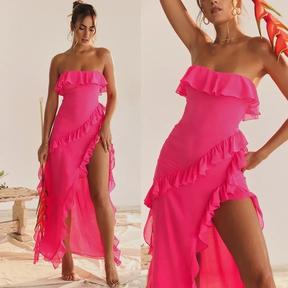 HOUSE OF CB 'Sarina' Fuchsia Ruffle Maxi‎ Dress NWOT size L - Image 2