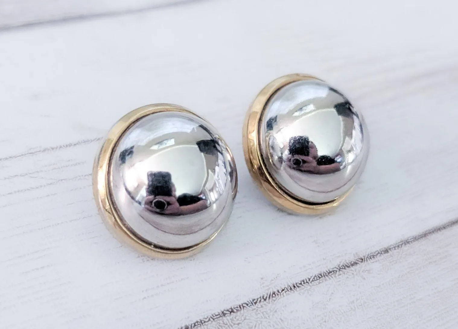 Vintage Clip On Earrings Domed Mirrored Silver Tone with Gold Tone 7/8" - Image 3
