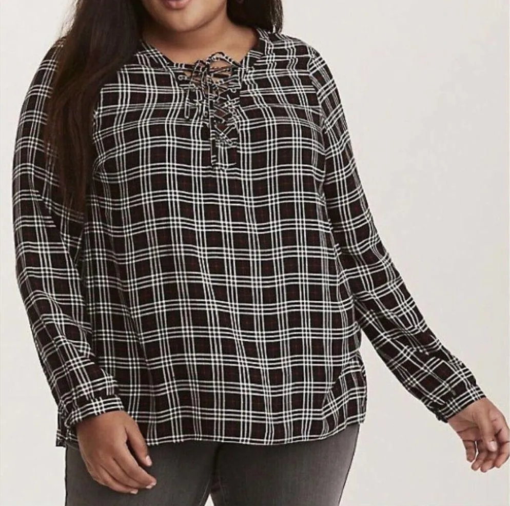 Torrid Lace Up Neck Long Sleeve Plaid Blouse Top Pullover Black Red Large Fall - Image 2
