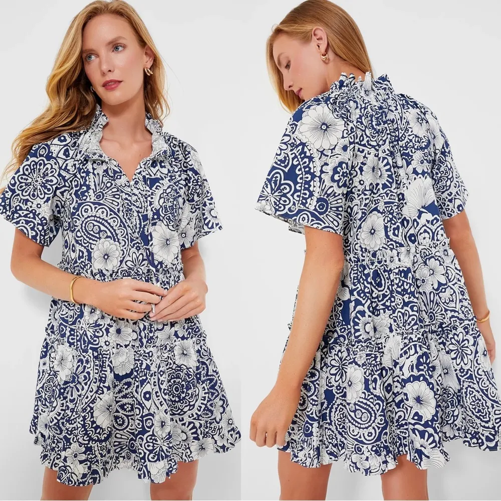Hyacinth House • Tuckernuck Tiered Thea Mini Dress navy blue white cotton floral - Image 13
