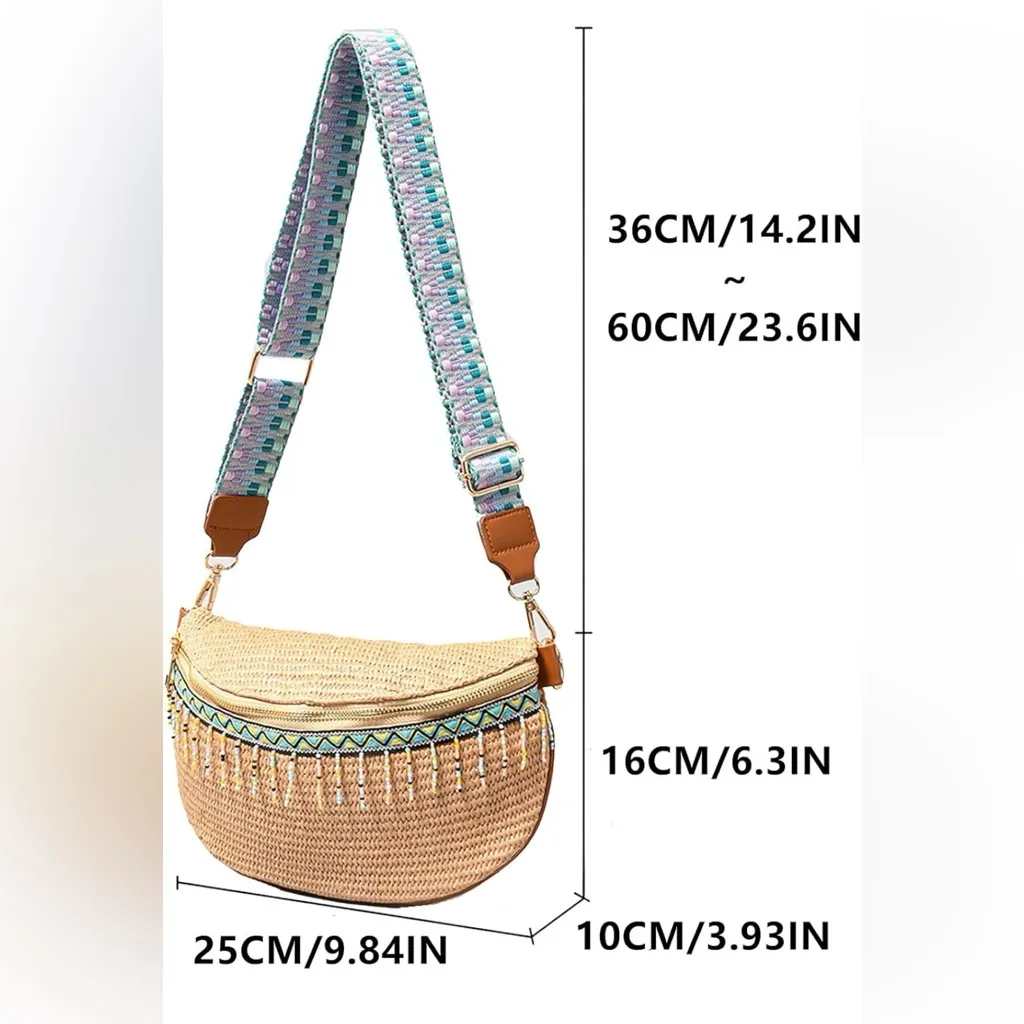 NEW!Straw Crossbody Bag w/ Beaded Trim Woven Shoulder Strap, Boho Style, Natural - Image 5