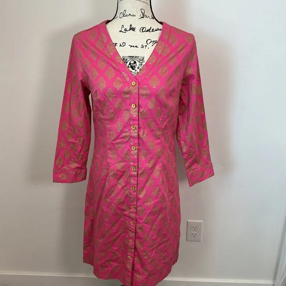 Almatrichi Dress Shirt Pink Gold Paisley Print 3/4 Sleeve Button Down sz M‎ Size M - Image 6